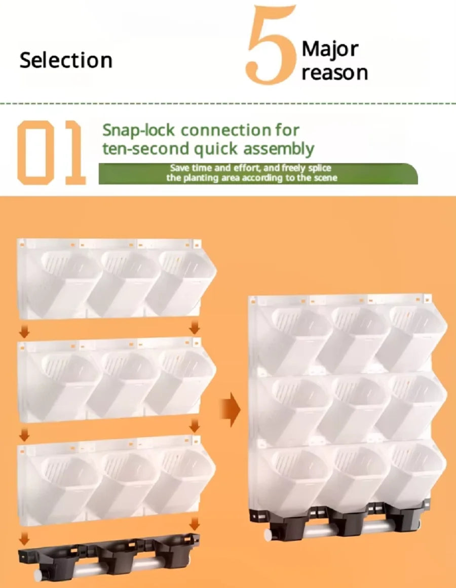 Snap-lock modular vertical garden planter kit with multi-panel assembly shown