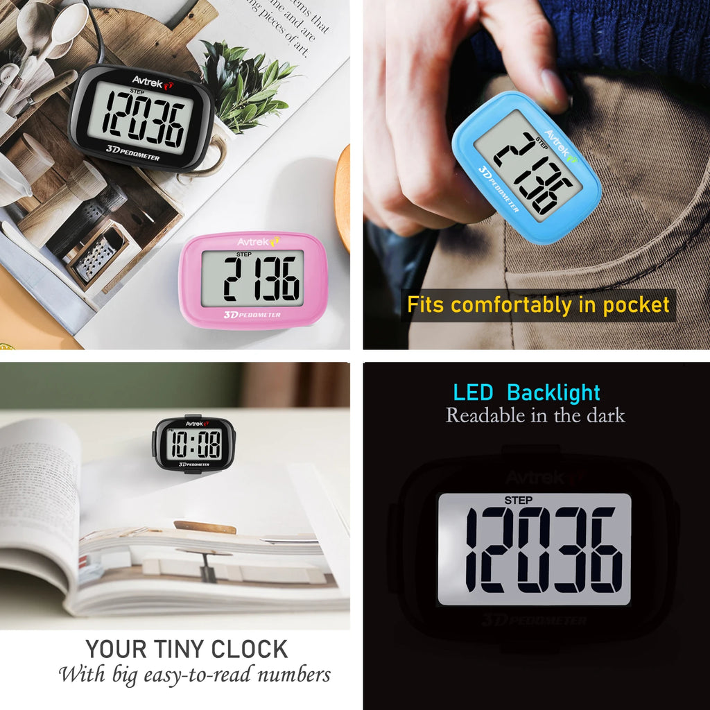 Avtrek Portable Mini Step Counter 3D Pedometer Digital Pocket Watch Clock for Outdoor Sport Fitness Running Walking Step Tracker