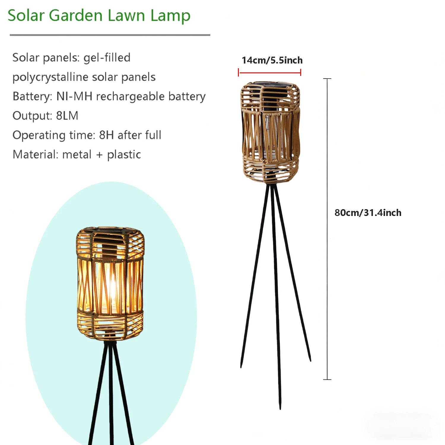 Handmade Rattan Solar-Powered Floor Lamp, No External Power Required, Suitable for Outdoor Patios, Garden Decoration, Trail Landscaping, and Holiday Atmosphere Setup