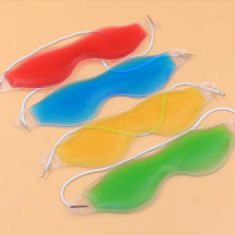 Colorful gel eye masks for cold compress, insomnia relief, and sleep comfort with elastic straps on beige background.