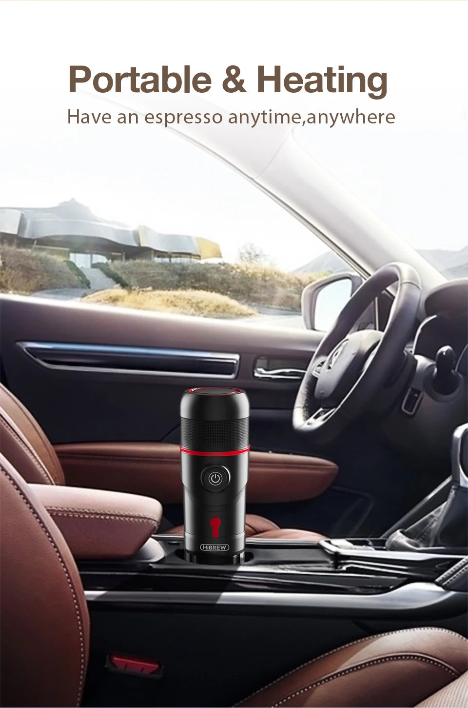 HiBREW portable espresso maker in black with red accents, heating feature, placed in a car cup holder.