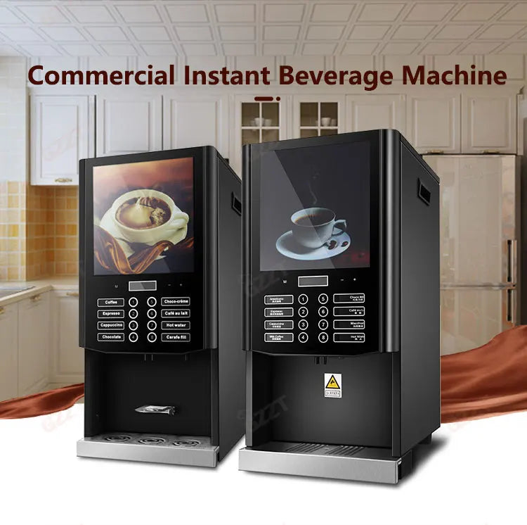 Two black commercial instant beverage machines with touchscreen interfaces and multiple drink selection buttons.