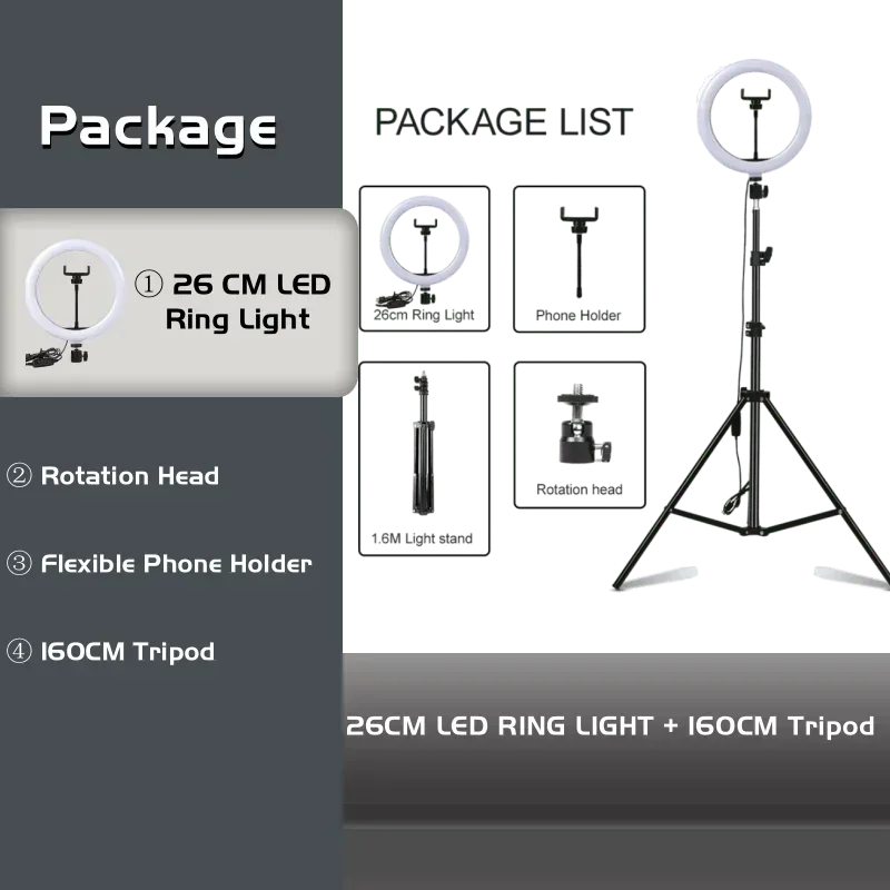 LED Ring Light with Tripod Stand - Professional Content Creation Lighting 10in Ring BK160cm Tidesmit