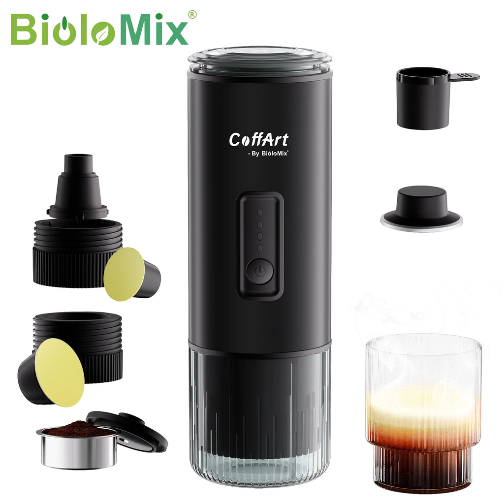 BioloMix CoffArt portable black coffee maker with accessories, reusable capsules, and matching ribbed glass cup.
