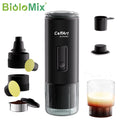 BioloMix CoffArt portable black coffee maker with accessories, reusable capsules, and matching ribbed glass cup.