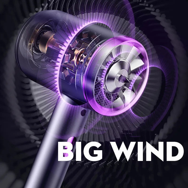 High-power purple ionic hair dryer featuring a powerful internal motor design for fast, silent drying.