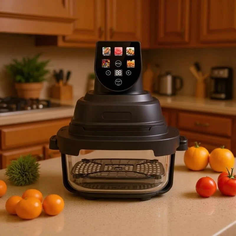 Air fryer with touchscreen panel and clear basket, set on kitchen counter with vegetables