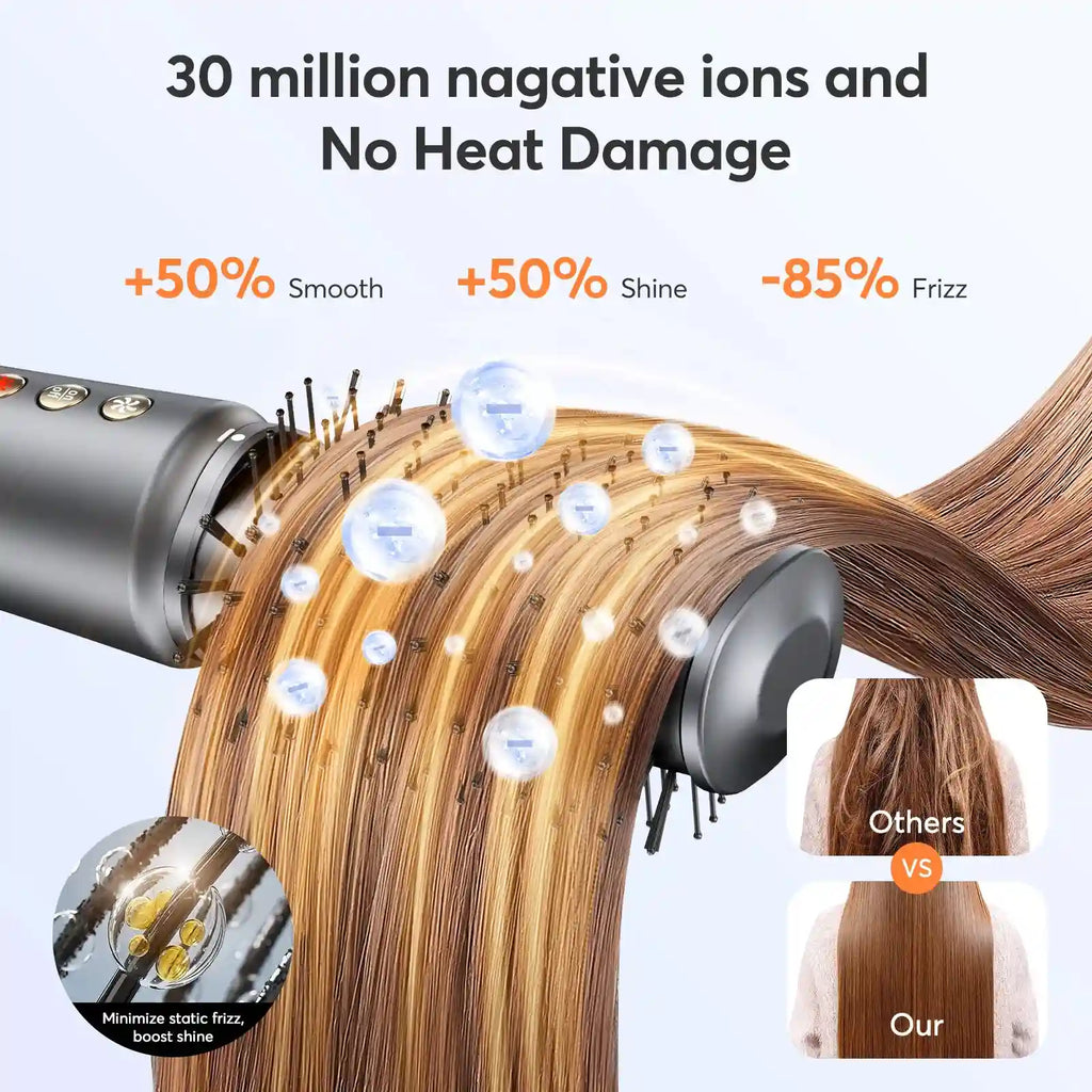 Bopcal 5-in-1 ionic hot air brush styling tool smoothing hair for a frizz-free, shiny finish with no heat damage.