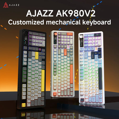 Three AJAZZ AK980 V2 98% mechanical keyboards with TFT screens, knobs, and RGB lighting in black, white, and blue designs.