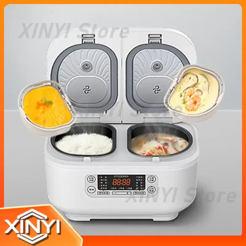 White mini smart rice cooker showing two cooking compartments with removable inserts