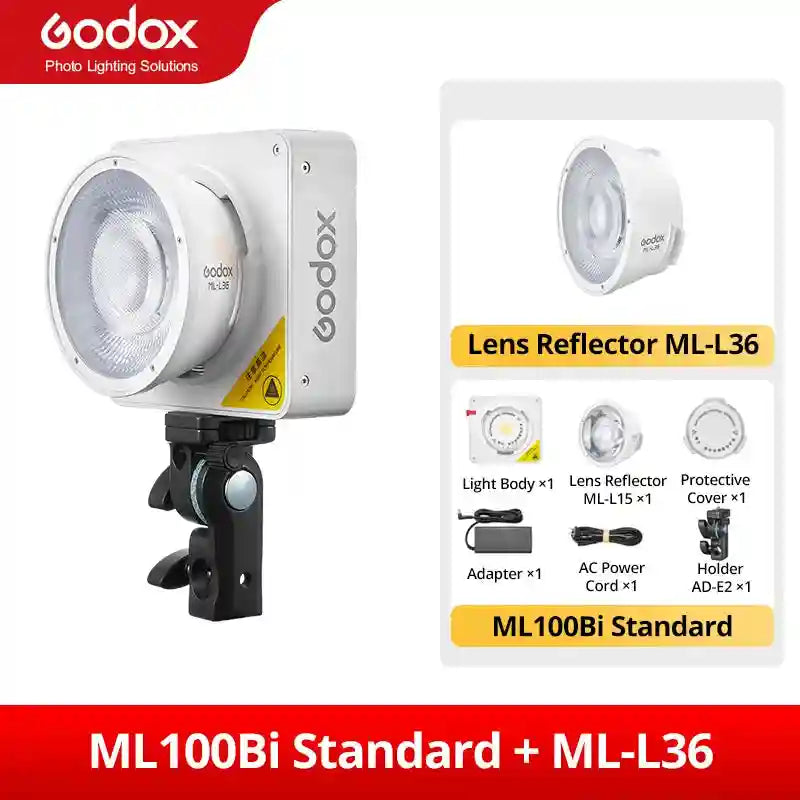 ML100Bi LED light and ML-L36 lens reflector, a white rectangular light unit with circular lens attachment and mount.