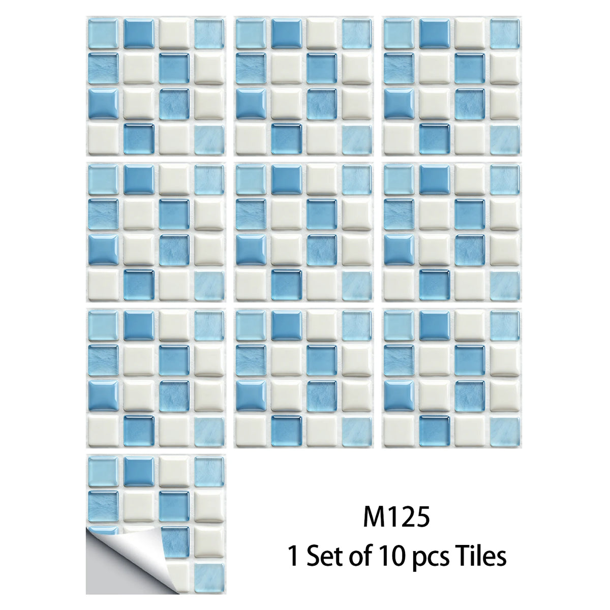 10-piece mosaic tile sticker set in light blue and white with glossy square tiles