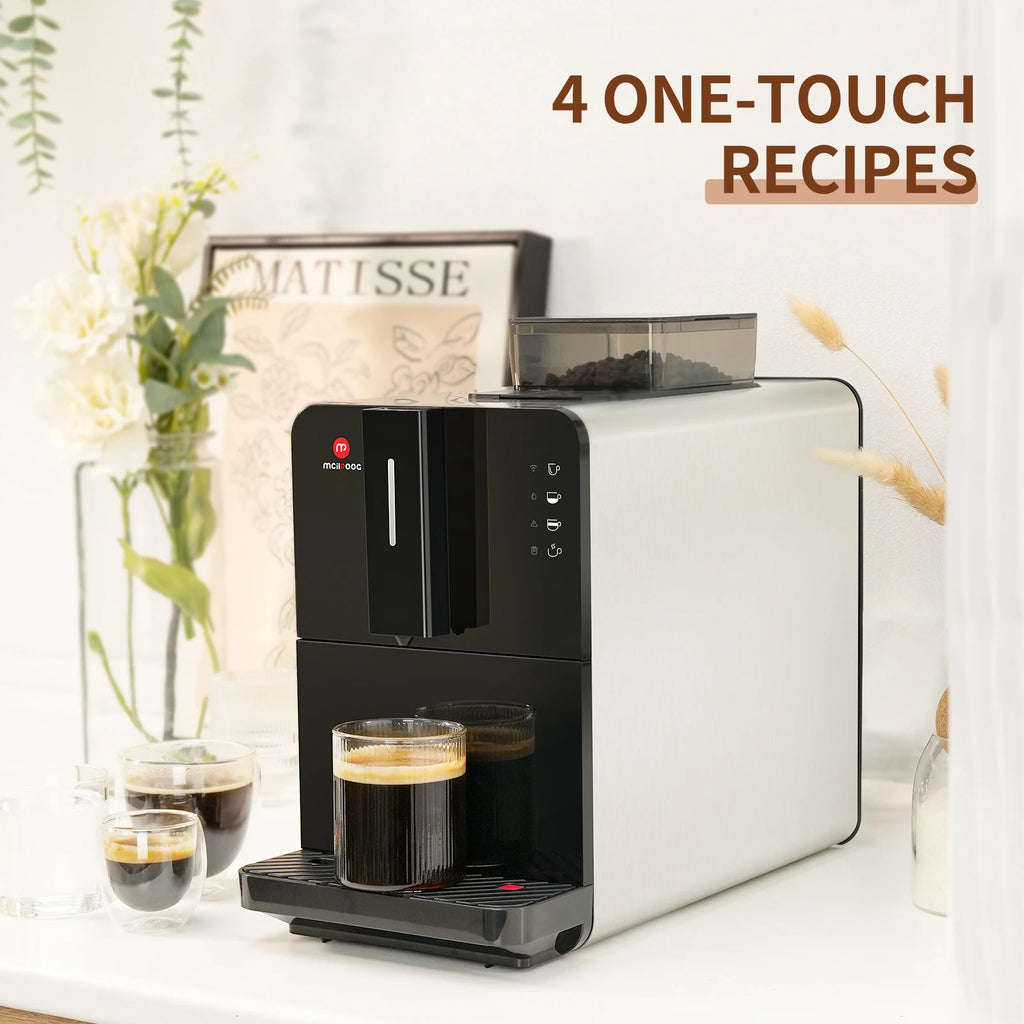 Mcilnooc silver and black espresso machine with bean hopper and 4 one-touch recipe settings on a white counter.