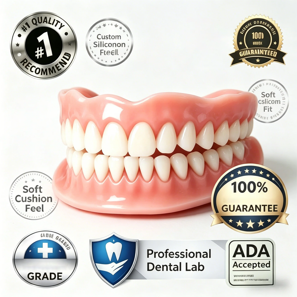 Ultra Realistic Full Mouth Fake Teeth, Flexible Silicone Upper & Lower Dentures, Ergonomic Fit Regain Confidence Easily