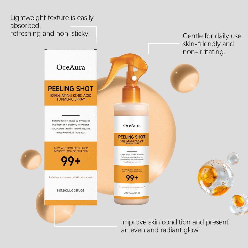 Easy Spray On Body Exfoliator Kojic Acid Turmeric Formula for Dark Elbows Improves Skin Texture & Dullness Rinse Off Gentle Peel