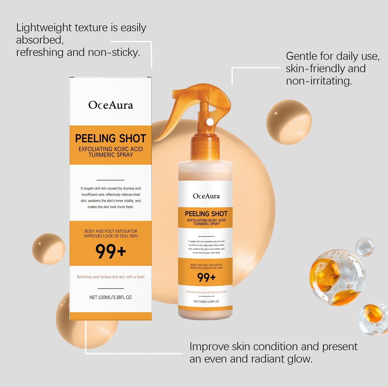Easy Spray On Body Exfoliator Kojic Acid Turmeric Formula for Dark Elbows Improves Skin Texture & Dullness Rinse Off Gentle Peel