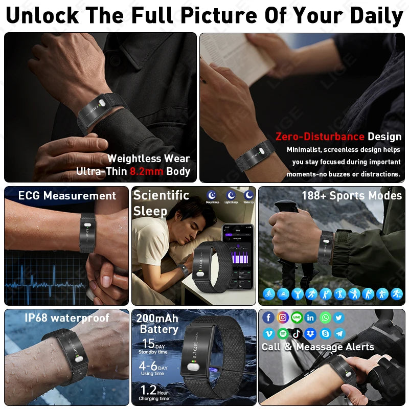 LIGE New ECG+PPG Smart Bracelet Heart Rate Health Monitoring Thermometer HPV Test Reports Waterproof Sports Tracker Smart Watch