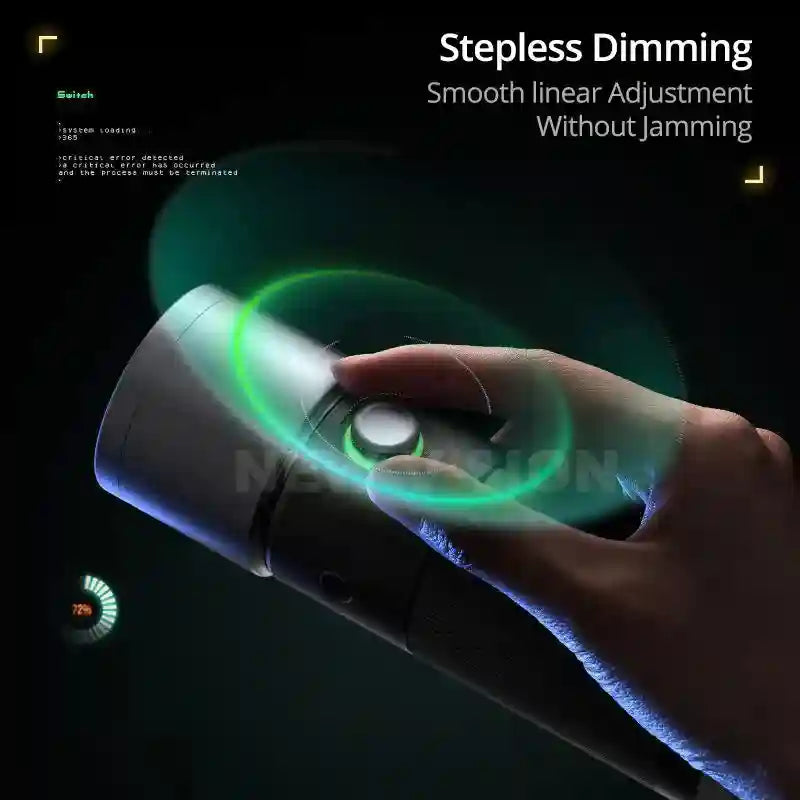 Handheld flashlight with a silver, circular dial for stepless brightness adjustment, illuminated by a green light ring.