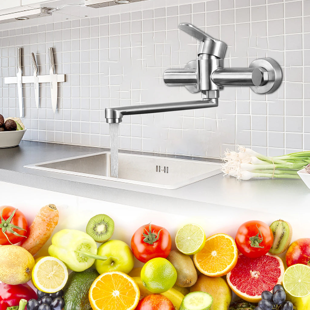 Silver Wall-Mounted Stainless Steel Rotatable Kitchen Faucet 360° Single Handle Hot and Cold Water Faucet For Both Homes Etc
