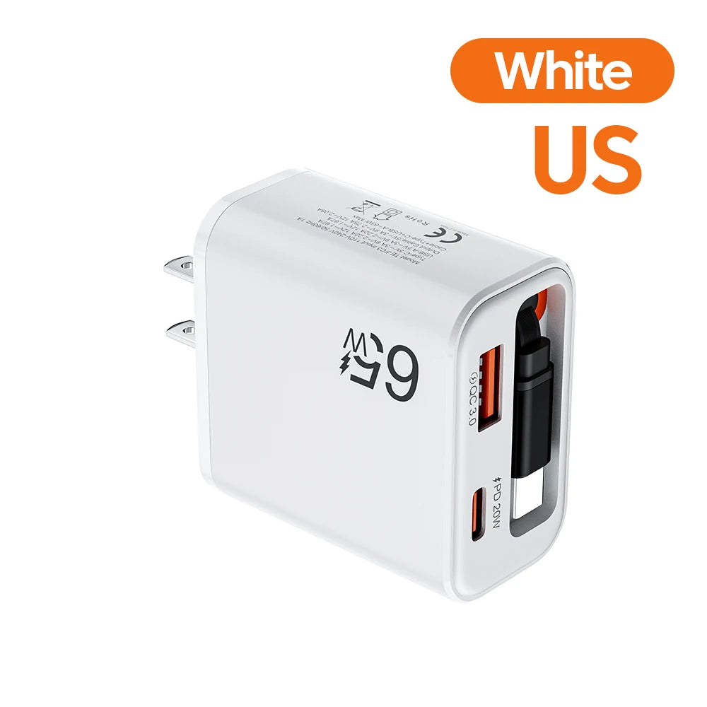 65W USB C Fast Charger with Retractable Cable - Tidesmit White US Tidesmit