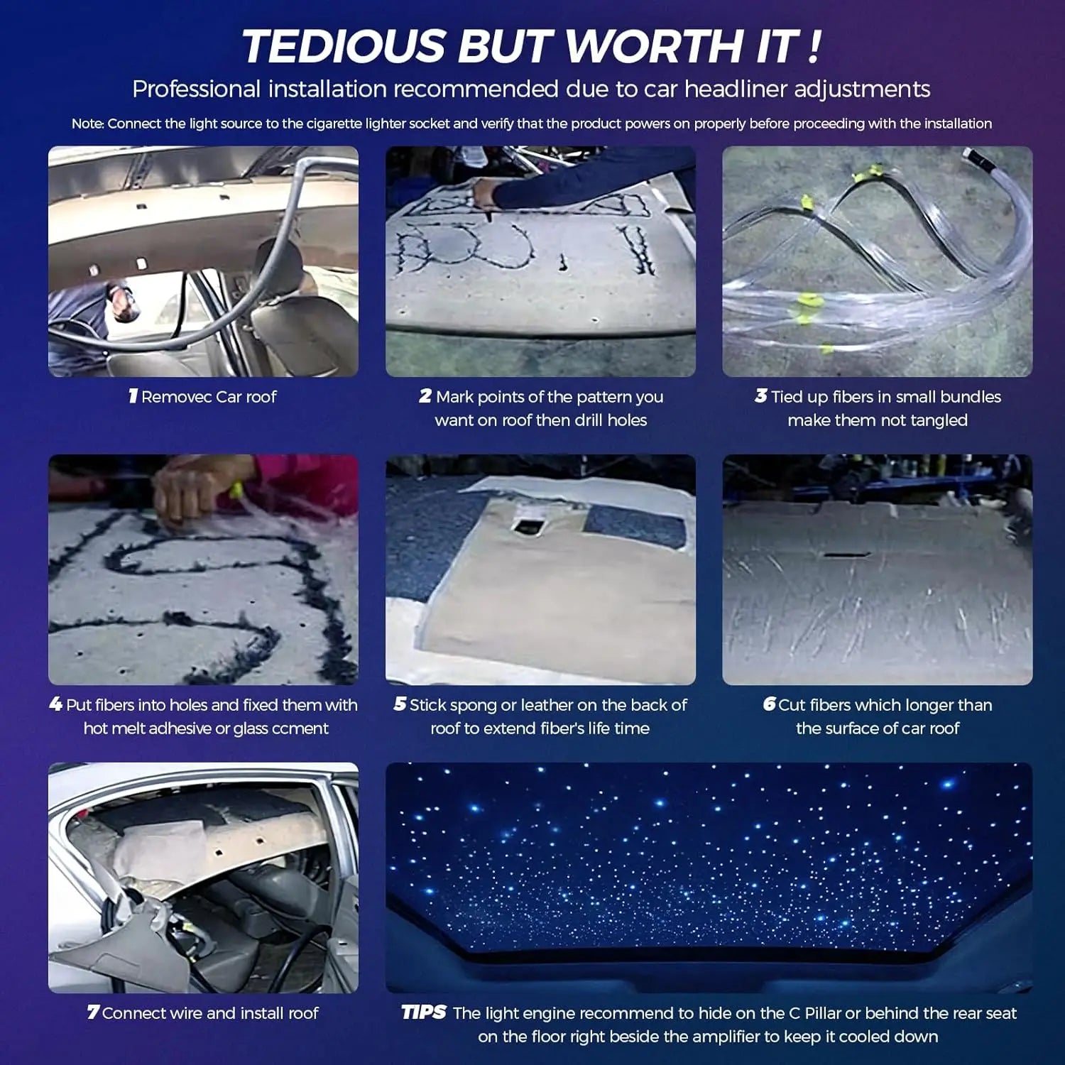 Car Home Use APP Control Fiber Optic Light Kit, 16W RGBW Music Mode Star Ceiling Sky Light with 500/1000 Strands 6.5ft/ 2m Optical Fiber Cable, and More Than 10 Million Colors