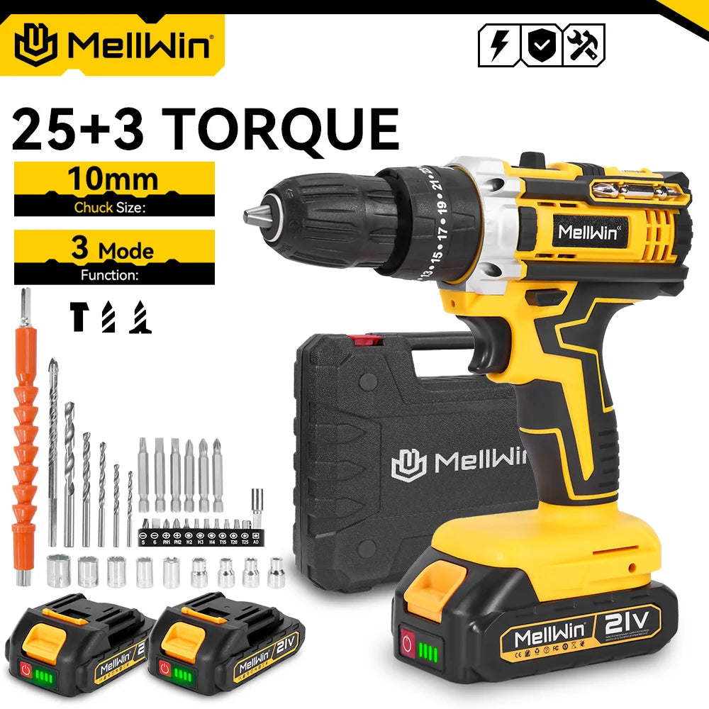 MELLWIN 25+3 Torque Electric Impact Drill Set Multipurpose Cordless Electric Screwdriver Power Tool For Makita 18V Battery Pin