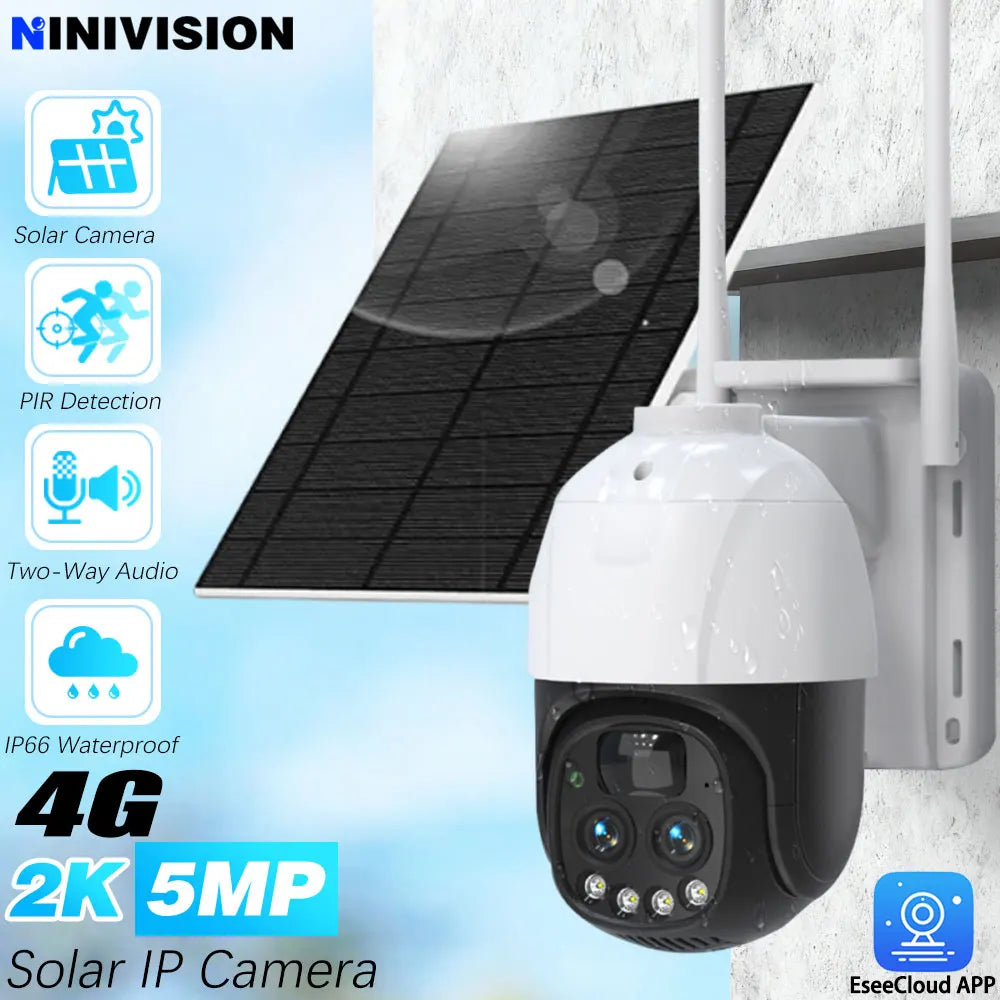 5MP EseeCloud Wireless Solar Outdoor Wireless PTZ Camera Built-in Battery 365 Days Standby Surveillance Camera With Solar Panel