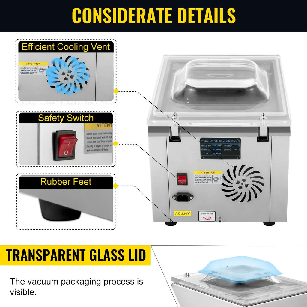 SIHAO Vacuum Packing Machine DZ-260C Chamber Vacuum Sealer with 12.6" Sealing Length for Foods Meats Applied in Kitchen
