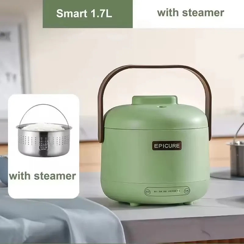 1.7L green electric rice cooker with steamer lid and handle