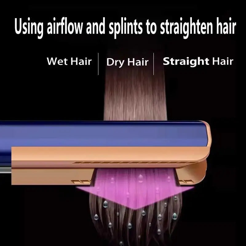 Blue and gold 2-in-1 negative ion hair dryer and straightener styling tool for wet or dry hair.