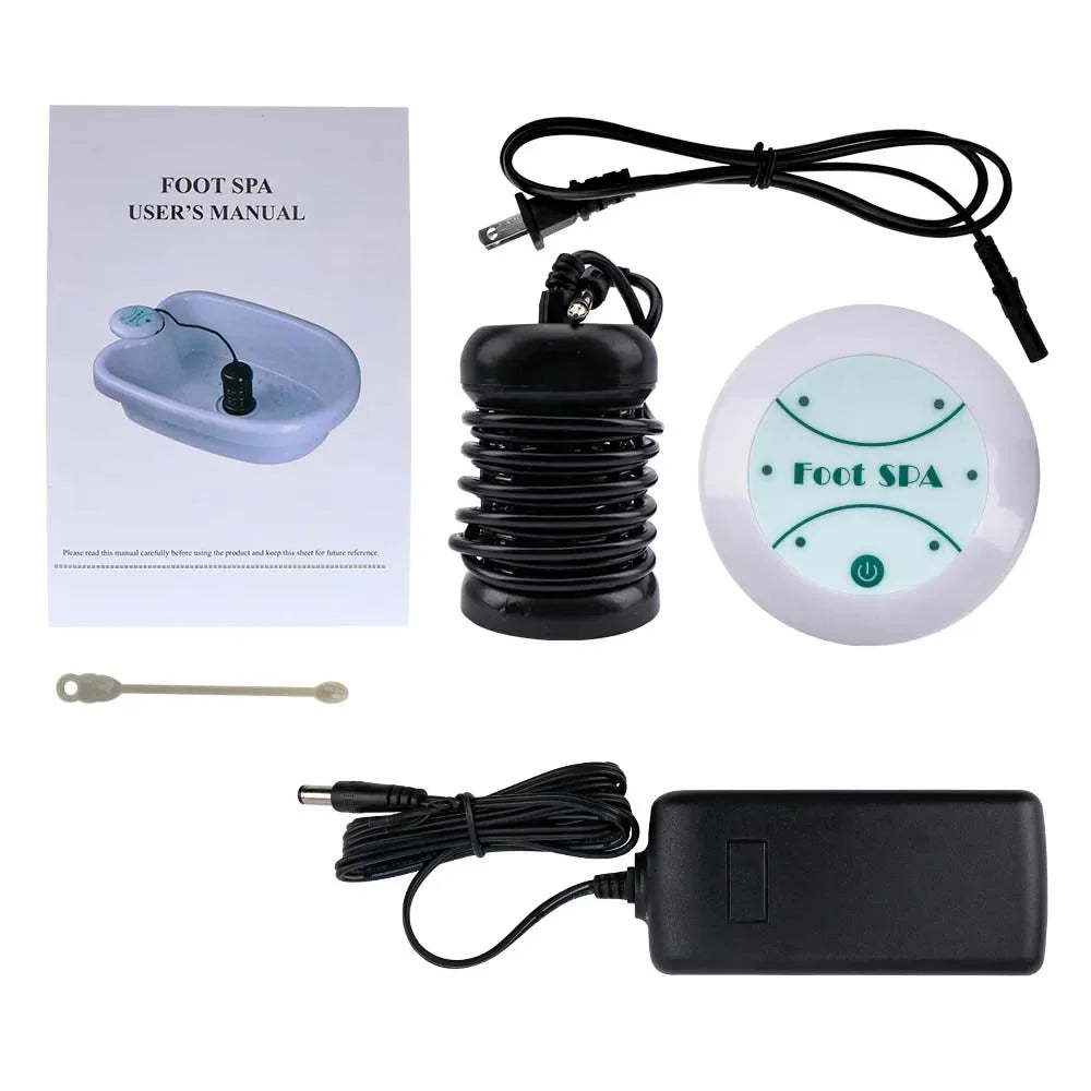 Ionic foot bath detox machine kit with spa array, power adapter, and user manual for home electric foot detox therapy.