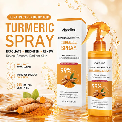 Viareline anti-inflammatory turmeric spray, 100ml, in orange and white packaging for skin exfoliation and brightening.
