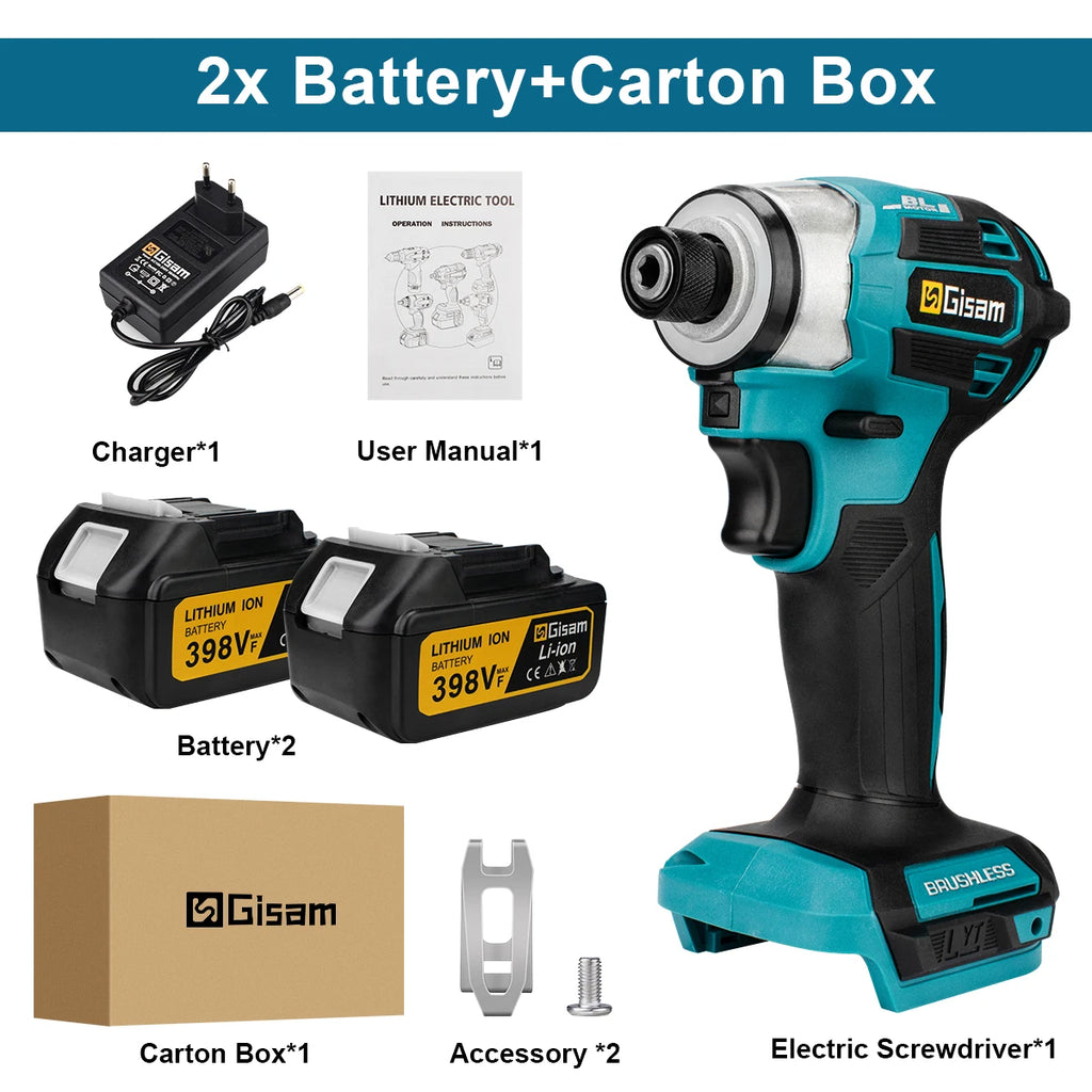 688N.m 1/4'' Brushless Electric Screwdriver Cordless Screwdriver Electric Drill Impact Driver Kit for Makita 18V Battery Pin
