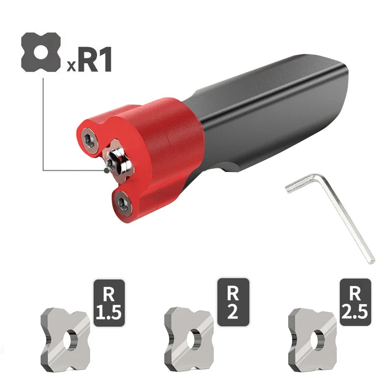 Edge trimming tool with red cutter and black body, includes R1.5 R2 R2.5 blades