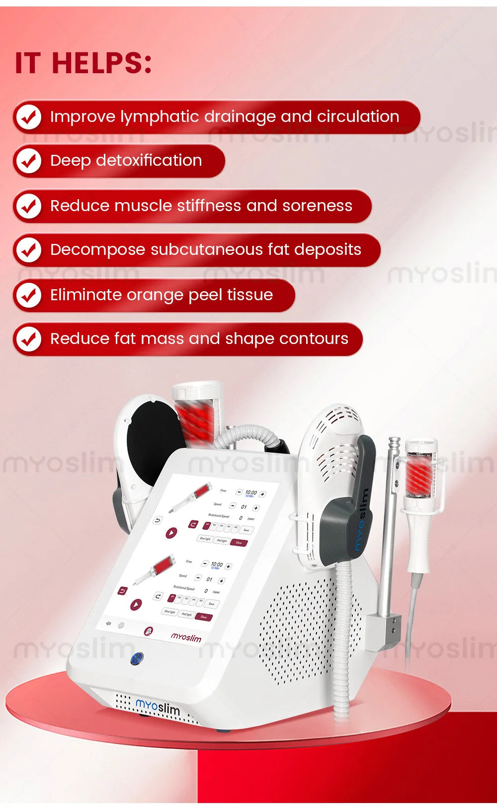 White Myoslim 360 rolling inner ball EMS body sculpting machine with touchscreen for cellulite and fat reduction.