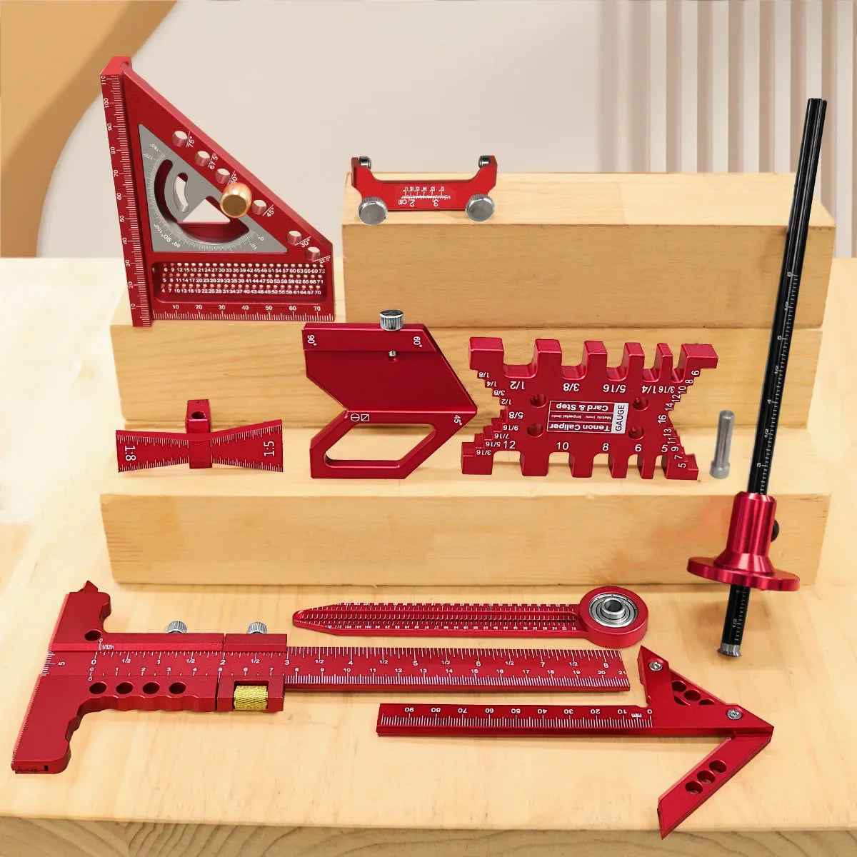10pcs Woodworking Square Kit with Box, T-Square Scribing Tools,Positioning Block,Circular Drawing Compass,Honing Guide,Height Ga