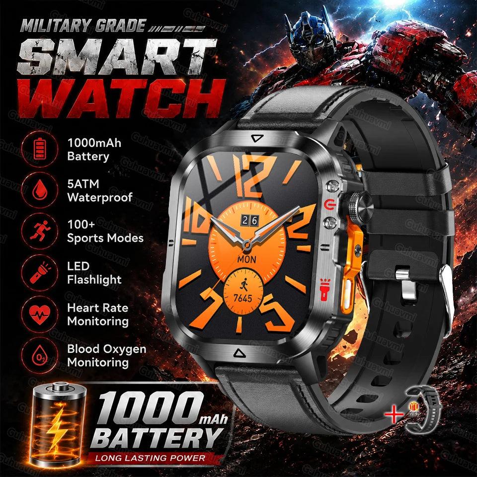 Black rugged smartwatch with round display showing orange numbers and black strap