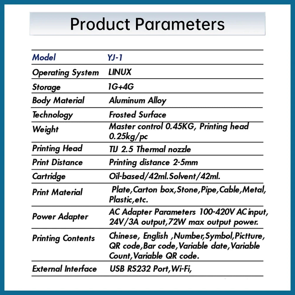 Inkjet printer product parameters chart showing model and technical specifications