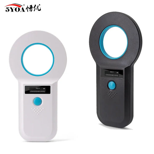 Handheld pet microchip scanner, white and black bodies with blue ring and indicator button