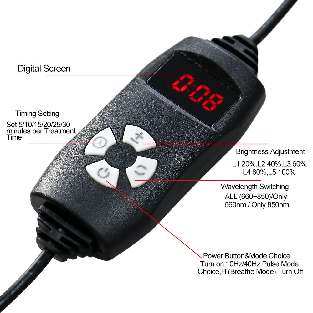 Digital controller for red light therapy belt with timer, brightness adjustment, and wavelength mode settings.