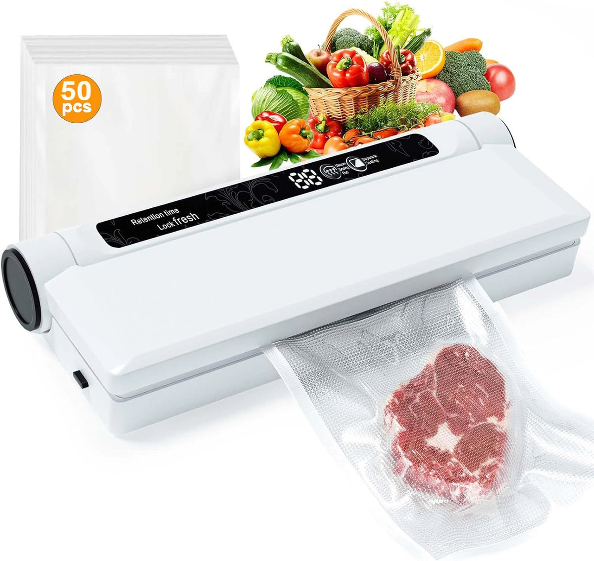 White vacuum sealer with included 50 vacuum bags and sealed meat bag