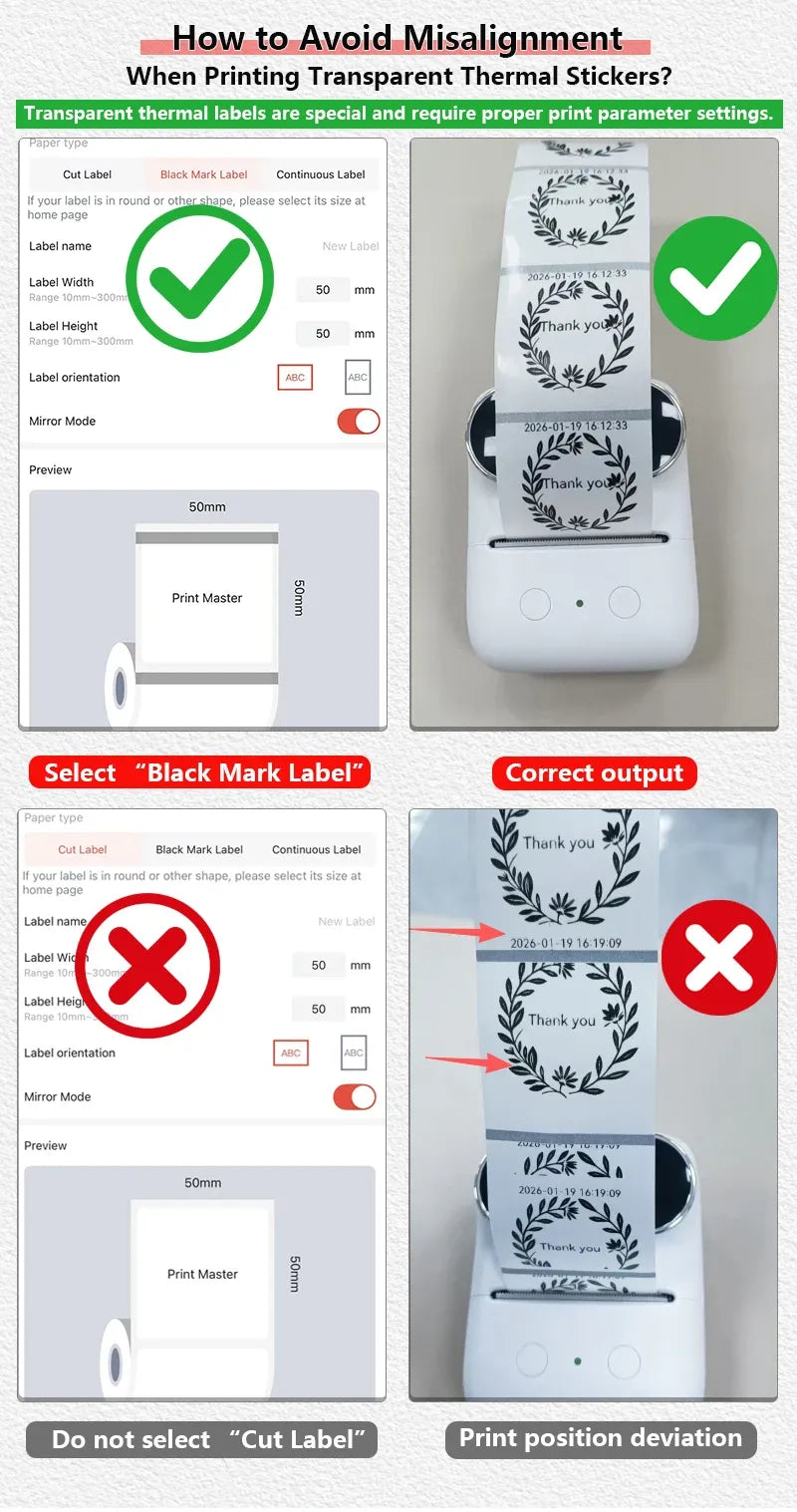 Transparent thermal label guide with sample printer output and misalignment checks