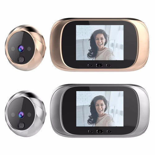 Video doorbell peephole camera with circular lens and 2.8-inch LCD screen, gold and silver