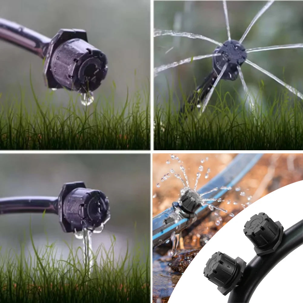 Drip irrigation emitters releasing water streams from black sprinkler nozzle heads