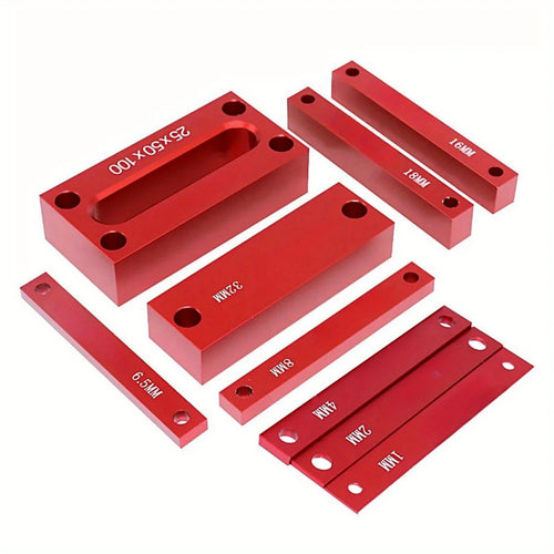 Red height gauge blocks set, size-marked stackable bars with mounting holes