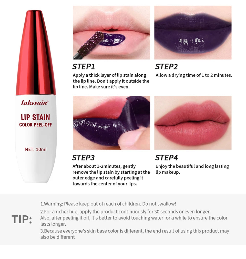 Lakerain waterproof peel-off lip stain tutorial: deep purple gel drying to a natural matte pink long-lasting lip color.
