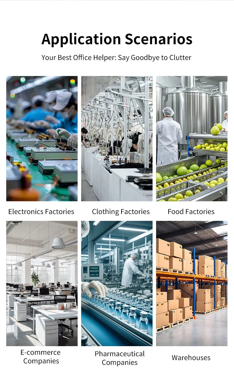 Label rewinder shown for electronics, clothing, food, e-commerce, and warehouse settings