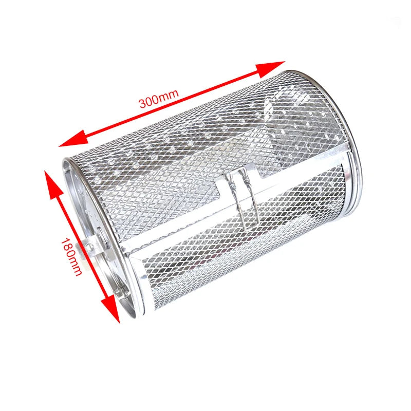 Stainless steel rotisserie basket drum dimensions: 300mm length and 180mm diameter