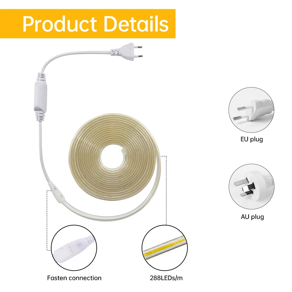 AC 220V COB LED Strip Light 288LEDs/m IP65 Waterproof 1m-50m Flexible Tape with EU/AU Power Plug for Home Lighting Decor