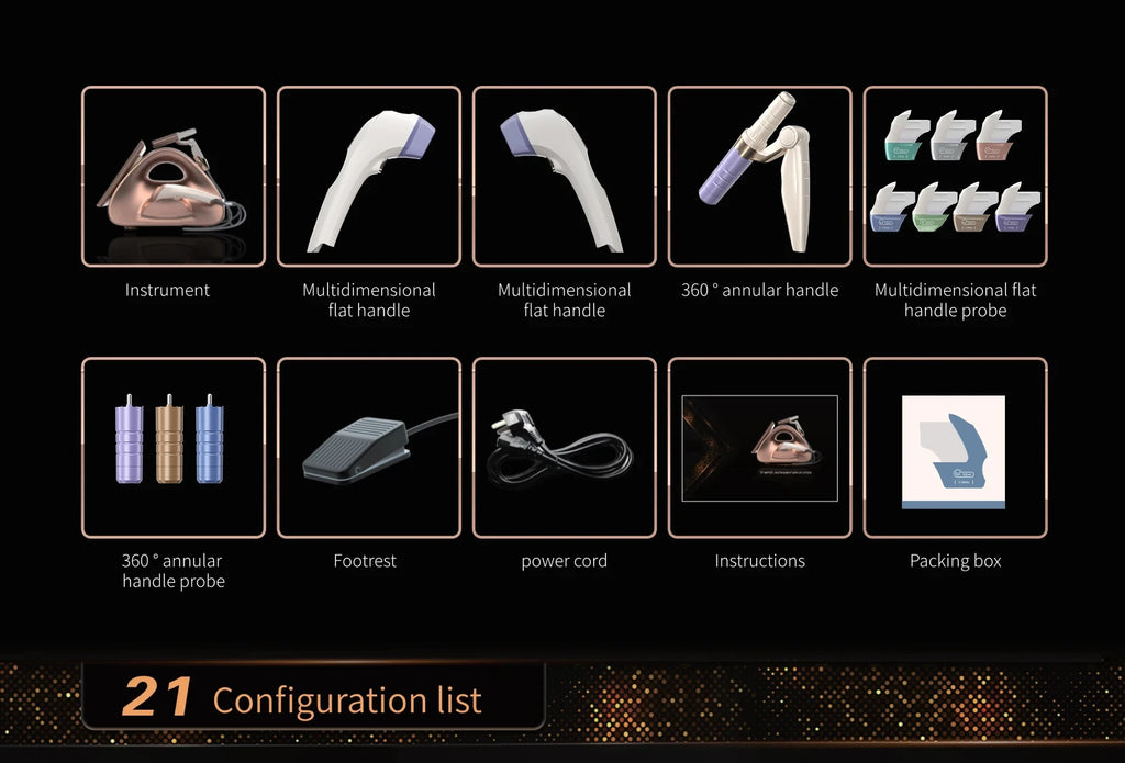 12D facial lift machine parts list including handles, probes, footrest, and power cord for skin firming rejuvenation.